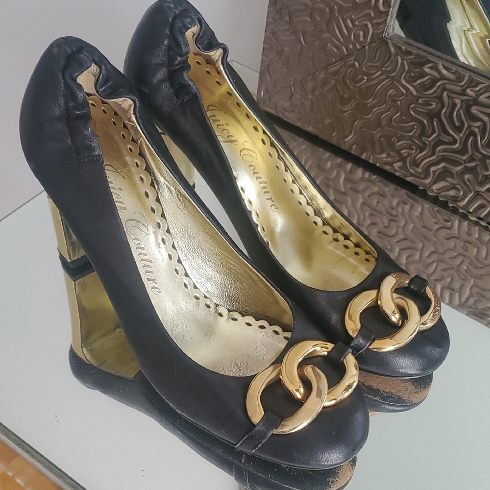 Juicy Couture Black Leather Gold Chain Heeled Ballet Pumps Shoes